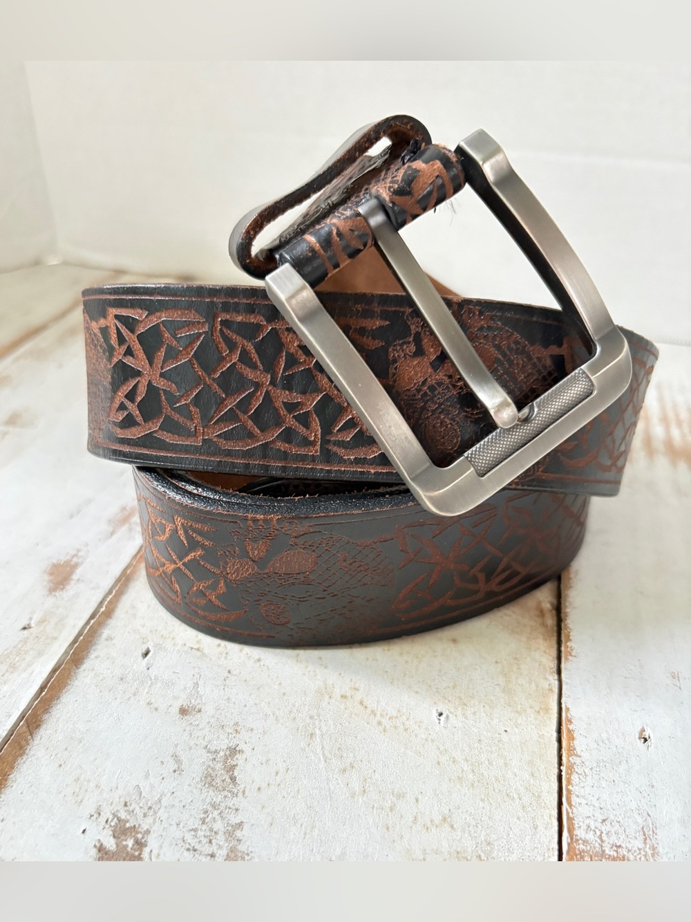 Unique brown black tooled leather belt Celtic knots skulls biker goth men’s 48